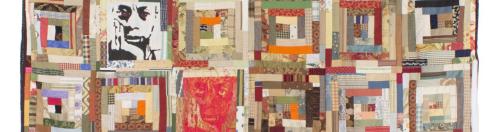 Multi square patchwork quilt featuring the face of James Baldwin in the blocks running from top left to bottom right