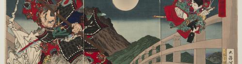 Two Japanese warriors battle on a bridge under a full moon; color print in three sections