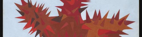 A red cactus or plant rises above a gray background.