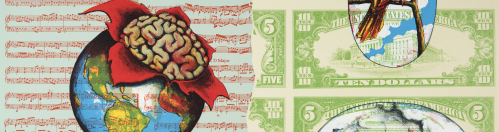 Left background music sheet, right background dollar bills, left side features exploding earth with skin like layers peeled back to reveal a brain, right side shows two vignettes of a bird on a brand eating a worm and a field with tornadoes.