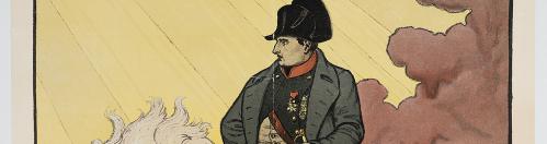 Poster with Napoleon on a horse in front of a cloud of black smoke. Text above and below reads "A new life of Napoleon magnificently illustrated is now beginning in the Century Magazine".