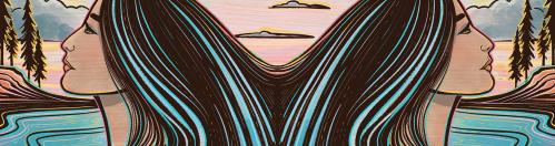 A lake with a big flying overhead. Out of the lake are mirrored images of a Native American woman with her hair flowing from her head, down into and becoming the lake.