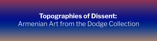 Placeholder graphic with white text reading the name of the exhibition in front of a background of three horizontal stripes representing the Armenian flag: Red, blue, orange.