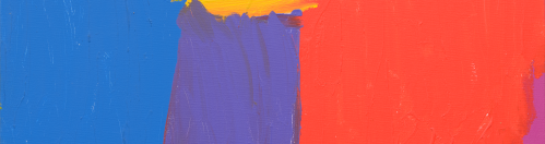 Color blocks with soft edges make up a vertical rectangular canvas. The blocks are colored blue, teal, purple, quinacridone violet, cadmium orange, and cadmium yellow.