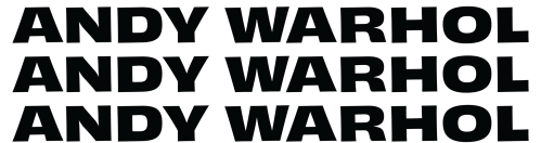 On a white background reads "Andy Warhol" in black text repeated on five lines.