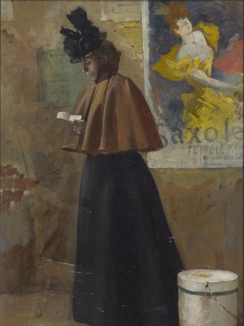 Painting of standing woman wearing a dress, cape, and hat, reading a letter; a white hat box is at her feet