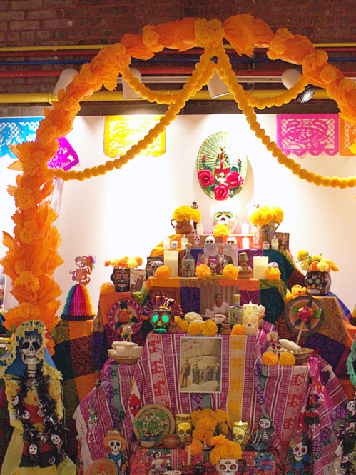 Detail of a colorful altar honoring Day of the Dead.