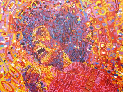Portrait of Angela Davis speaking, made out of words connected to her life. Colors are mainly orange, red, pink, and blue.