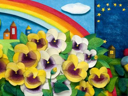 illustration of flowers, rainbow, sky