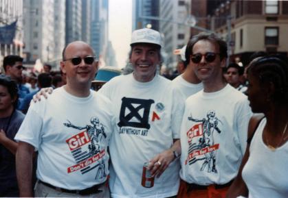 From left: Thomas Sokolowski, Patrick O'Connell, and Jimmy Morrow wear Visual AIDS' Day With(out) Art t-shirts featuring artwork by Barbara Kruger, 1994.