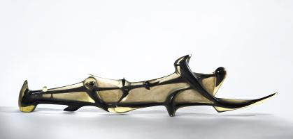 Horizontal sculpture of an irregularly shaped clear plastic shell over an abstract design in black
