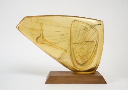 Yellow translucent plastic triangular shape with strings and organic shapes encased in the plastic on a wooden base