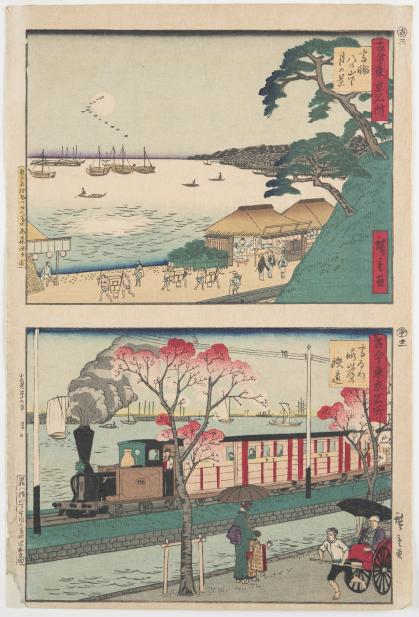 Two scenes: top overlooking harbor with market in foreground; bottom view of train in front of harbor