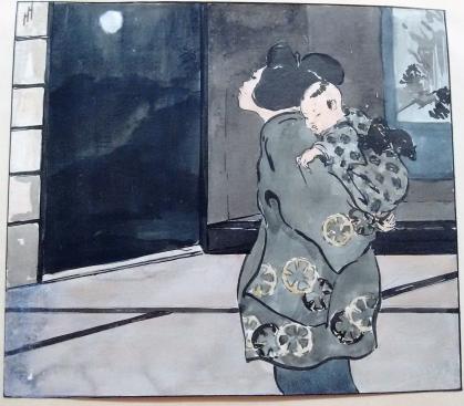 Japanese mother holds a young child on her back while looking through door at a full moon.