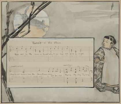 Hand-written sheet music with a figure of a Japanese child on the right looking at a rabbit inside a full moon.