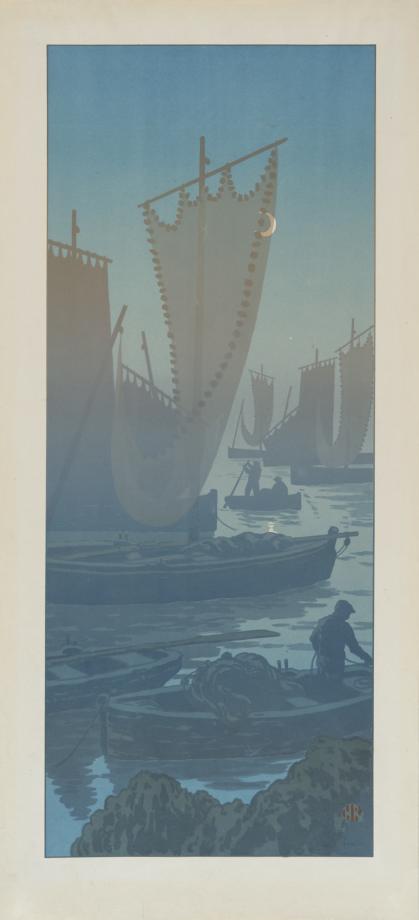 Tall, vertically-oriented print with blue-tinted moonlit scene of boats, many with sails up. 