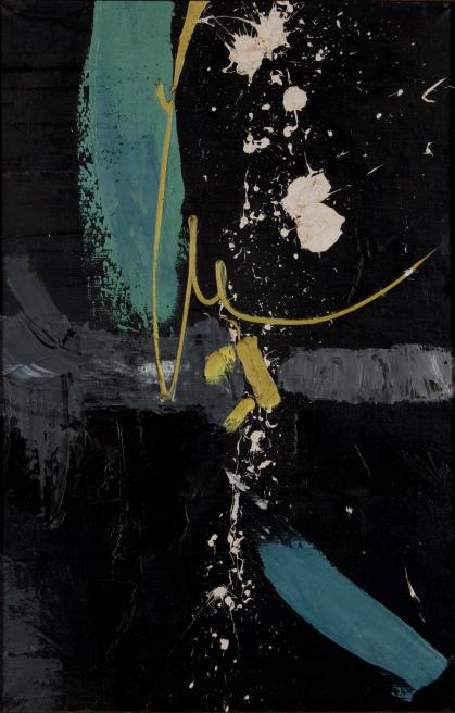 Abstract composition of teal and gray brushstrokes, white paint splatter, and gold lines on black background.