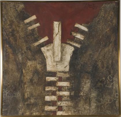 Painting of a white zipper bringing together two stained, tattered pieces of burlap over a red square