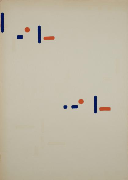 Abstract composition of white background with two small groupings of orange and blue dashes and orange dots.