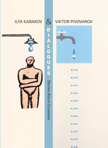 Catalogue cover for Dialogues: Kabakov and Pivovarov with drawing of naked man under a shower with one waterdrop