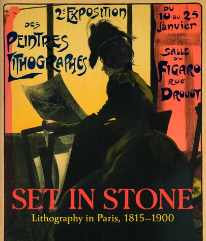 Cover of the exhibition catalogue Set In Stone, with image of woman looking at prints