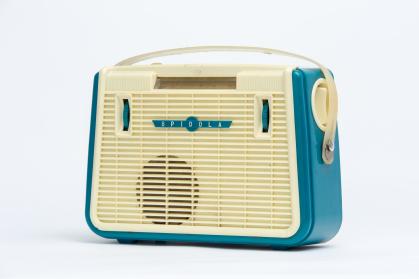 Portable radio made of blue and white plastic