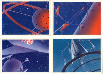 Four colorful illustrations of "space age" scenes, including satellites, rockets, and astronauts in space suits