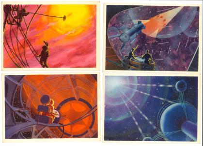 Four colorful postcards of "space age" scenes, including satellites, rockets, and astronauts in space suits