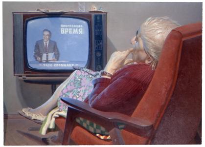Painting of elderly Russian woman in red armchair watching the evening news