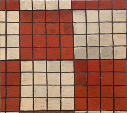 Painted grid with pattern of red and white small squares and black lines, like a tile floor