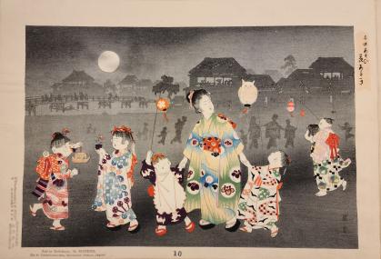 Japanese print of woman and children walking through a moonlit street holding lanterns.