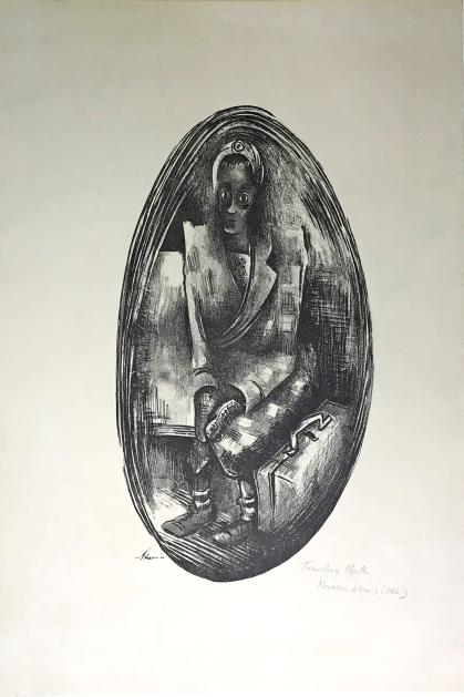 Oval-shaped print of Black woman sitting with a suitcase at her feet. Portrayal has some Cubistic style elements.