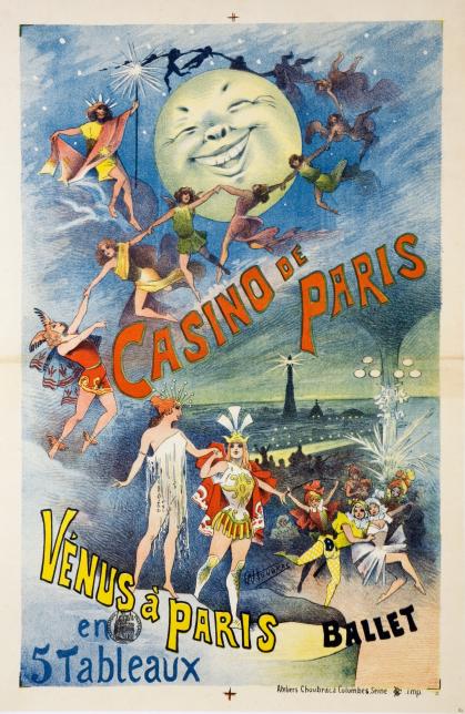 Poster of men and women in Roman costumes ascending from Paris to dance around a smiling moon.