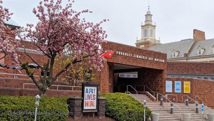 Photo of museum exterior seen from left with cherry blossoms and sign reading "Art Lives Here"