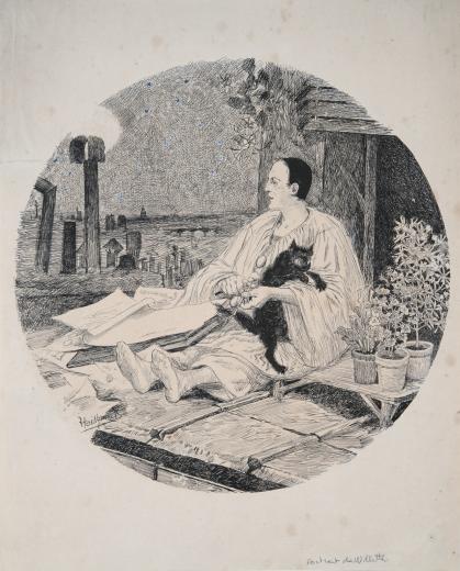 Circular print of man in white flowing clothes sitting holding a black cat on a raised Japanese-style porch