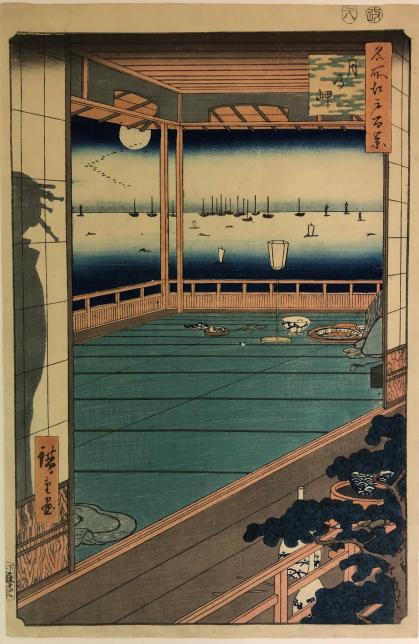 Japanese print of a room overlooking a harbor lit by a full moon