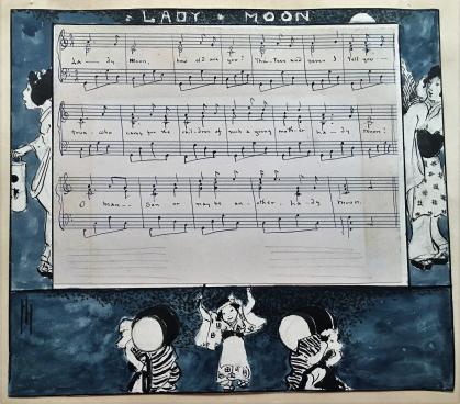 Song sheet with title "Lady Moon" and images of Japanese woman and children