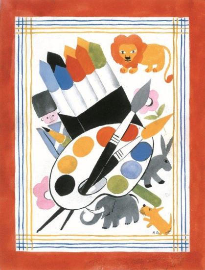 Illustration of box of crayons and paint palette, with small images of a lion, donkey, elephant, dog, and wooden soldier around.