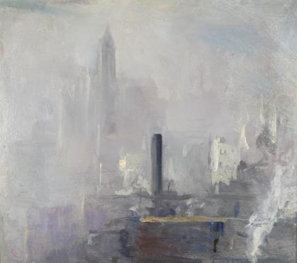 Painting of Manhattan skyline seen through fog and mist. Color palette is primarily shades of gray.