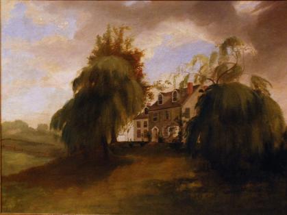 Painting of stone house on a hill flanked by tall willow trees