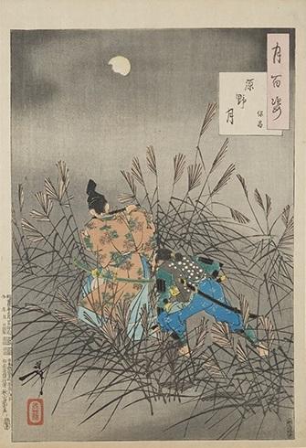Two Japanese soldiers seen from behind walk through tall grasses on a gray moonlit night