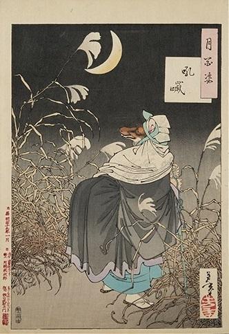 A fox dressed in women's clothes looks at a crescent moon while walking through a field