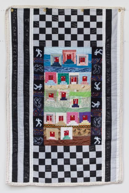 Quilt with black and white grid, chalk outlines of figures, and red doors.