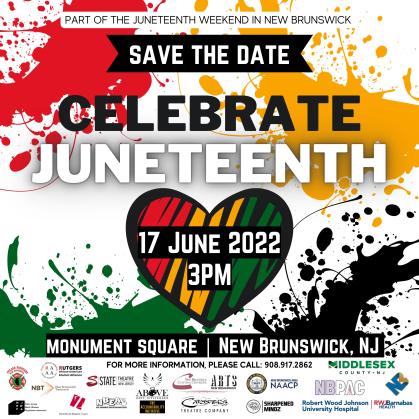 image reading celebrate juneteenth with black red green and yellow paint splatters