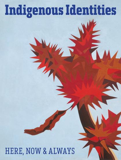 Book cover with pale blue background, royal blue text, and spiked plant detail in vibrant red, orange, and brown 