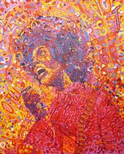 painting of Angela Davis in vibrant colors and featuring her own words