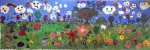 Mural painted by kids of blue sky and green grass filled with various emojis