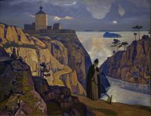 painting of man walking in mountainous area