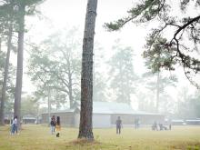 People outdoors with a tall tree trunk at image center, cabin-like buildings in the background