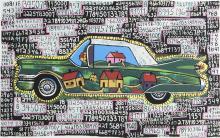 Painting of a green car with white roof and painted houses on the car body, surrounded by numbers